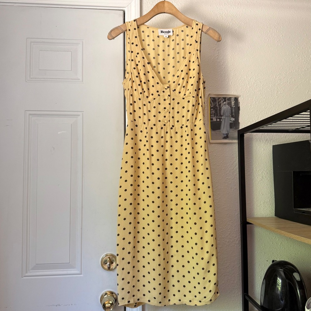 ROUJE butter yellow polka dot sleeveless midi dress